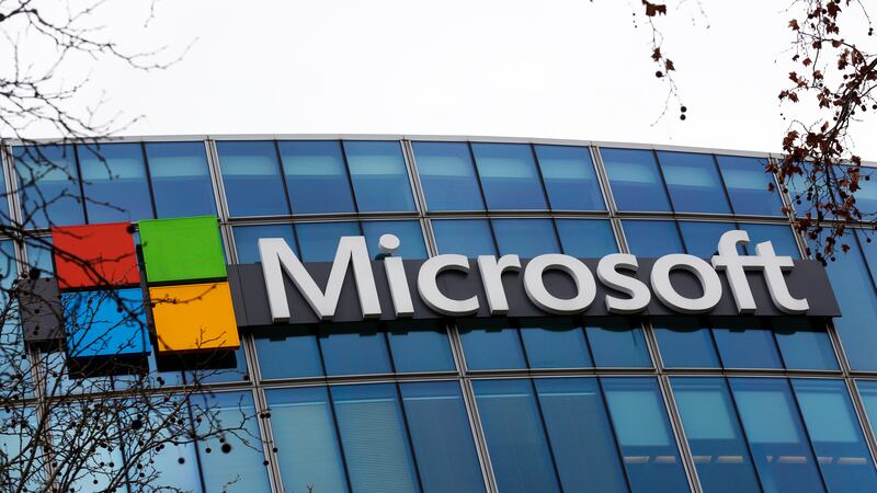 The Microsoft logo is pictured outside the headquarters in Paris, Jan. 8, 2021.