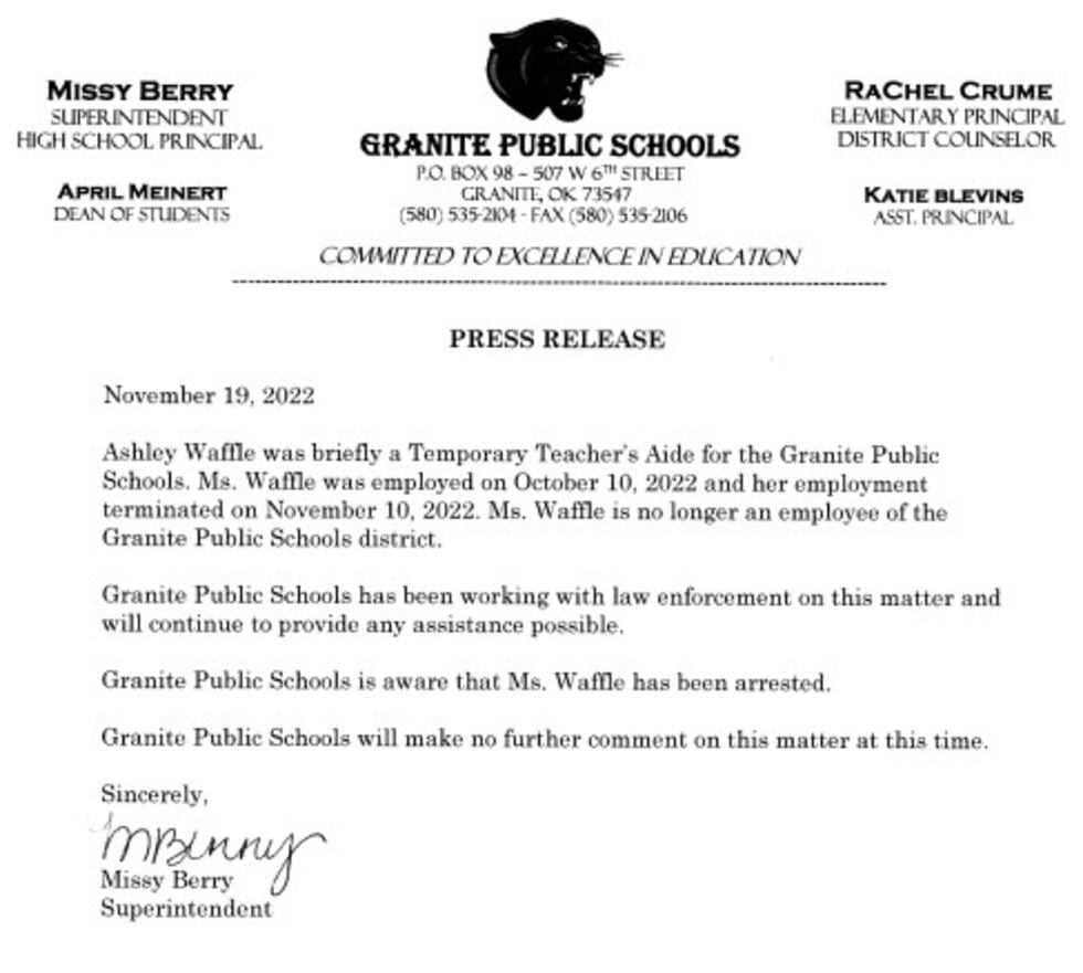 Granite Public Schools' Superintendent Missy Berry confirmed the woman charged last week for...