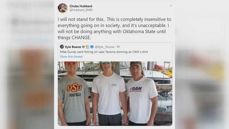 Gundy is pictured wearing a shirt connected to the One America Now Network.