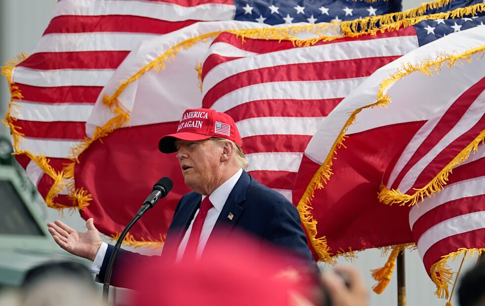 Republican presidential candidate and former President Donald Trump speaks to supporters after...