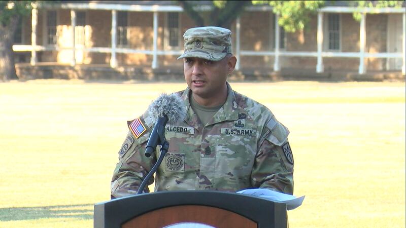 Sergeant Major Jean Pierre Alcedo giving speech at ceremony.